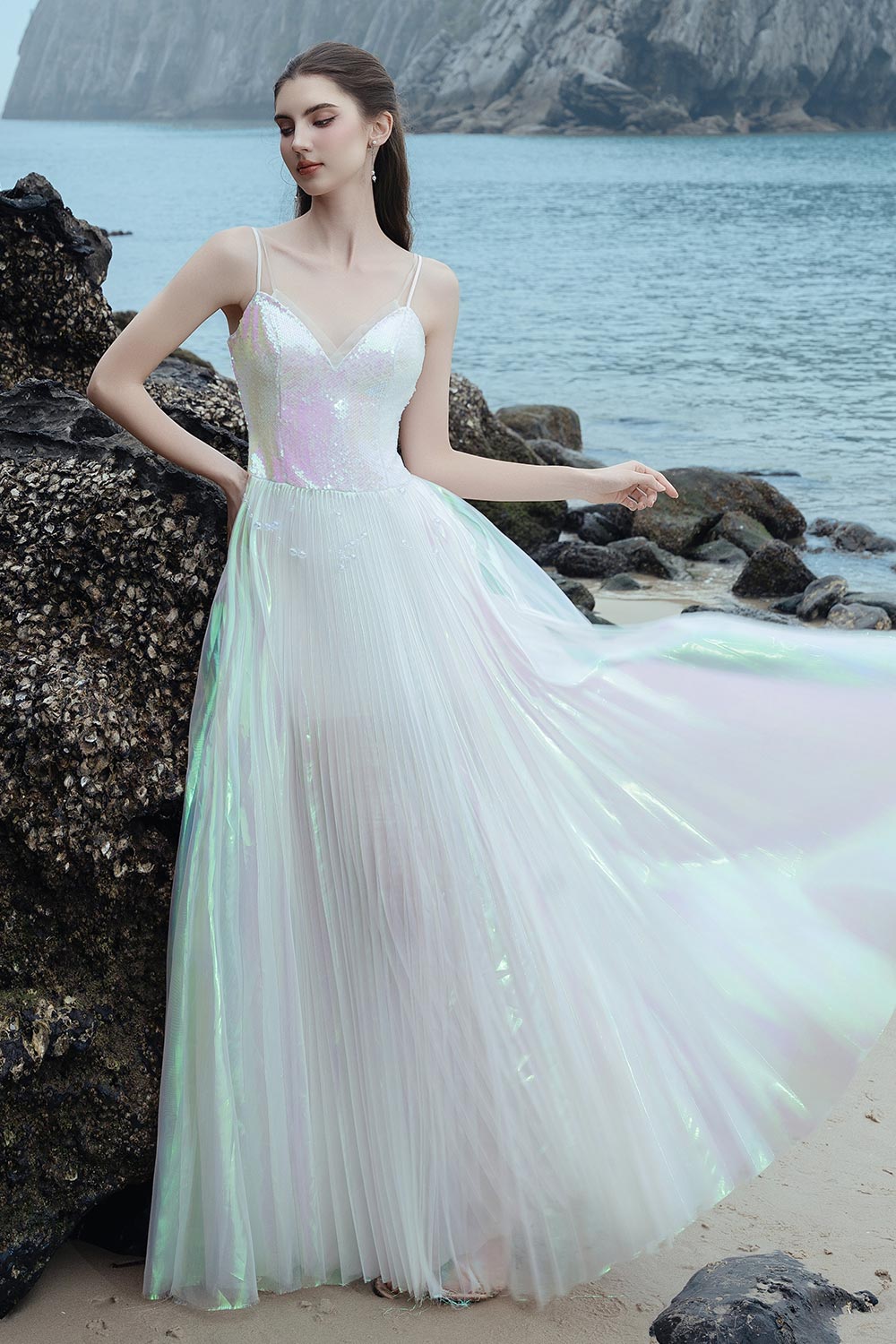 Alexa Pleated Sweetheart Neck Sequin Floor Length Dress