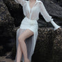 Jeroly Straight Side Slit Silk Organza Ankle Length Skirt