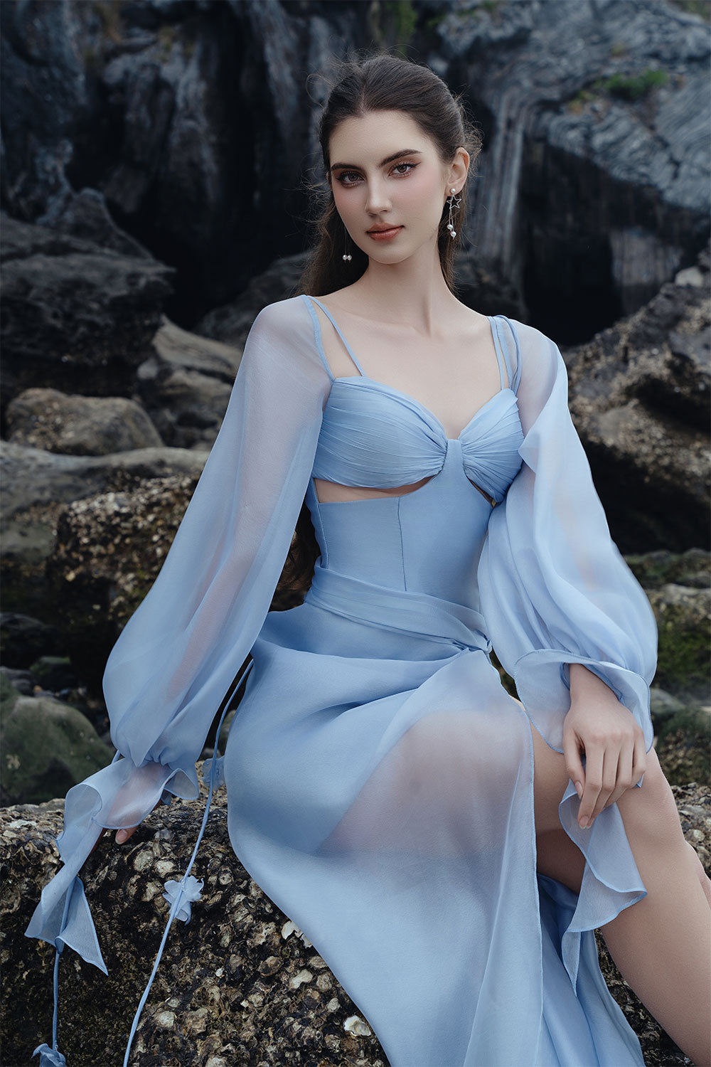 organza maxi dress with sleeves Lady Black Tie - Breezy Maxi Dress - Floral Blue Organza