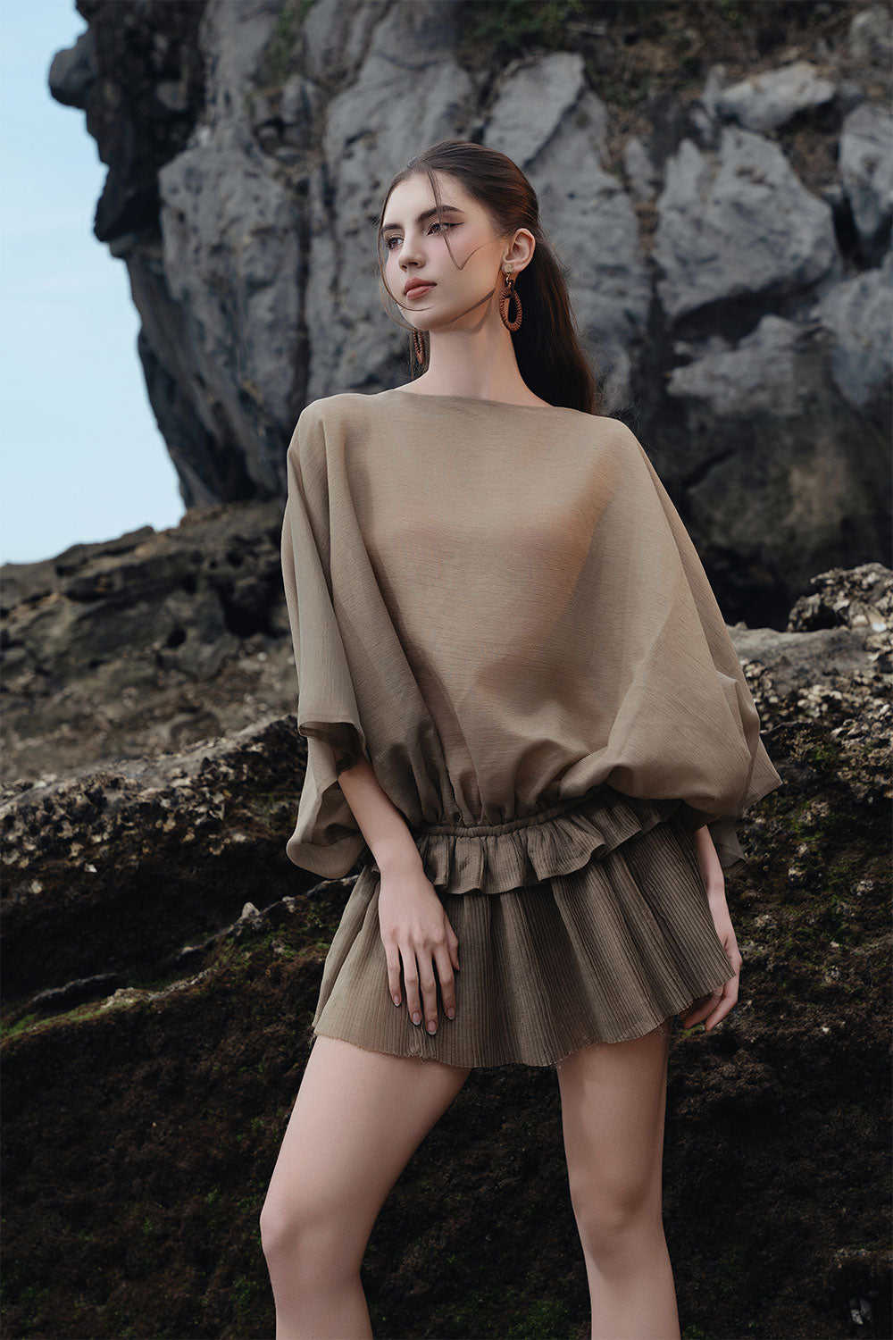 Women's Carlos Blouson Batwing Sleeved Linen Mini Dress S/M/L/Customize  Brown MEAN BLVD