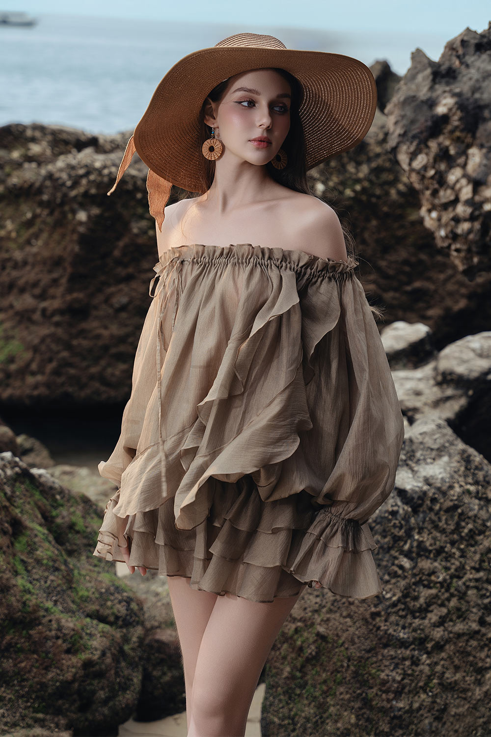 mila ruffle mini dress Women's Mila Blouson Ruffled Silk Organza Mini Dress S/M/L/Customize Brown Grey MEAN BLVD Brown Grey / S
