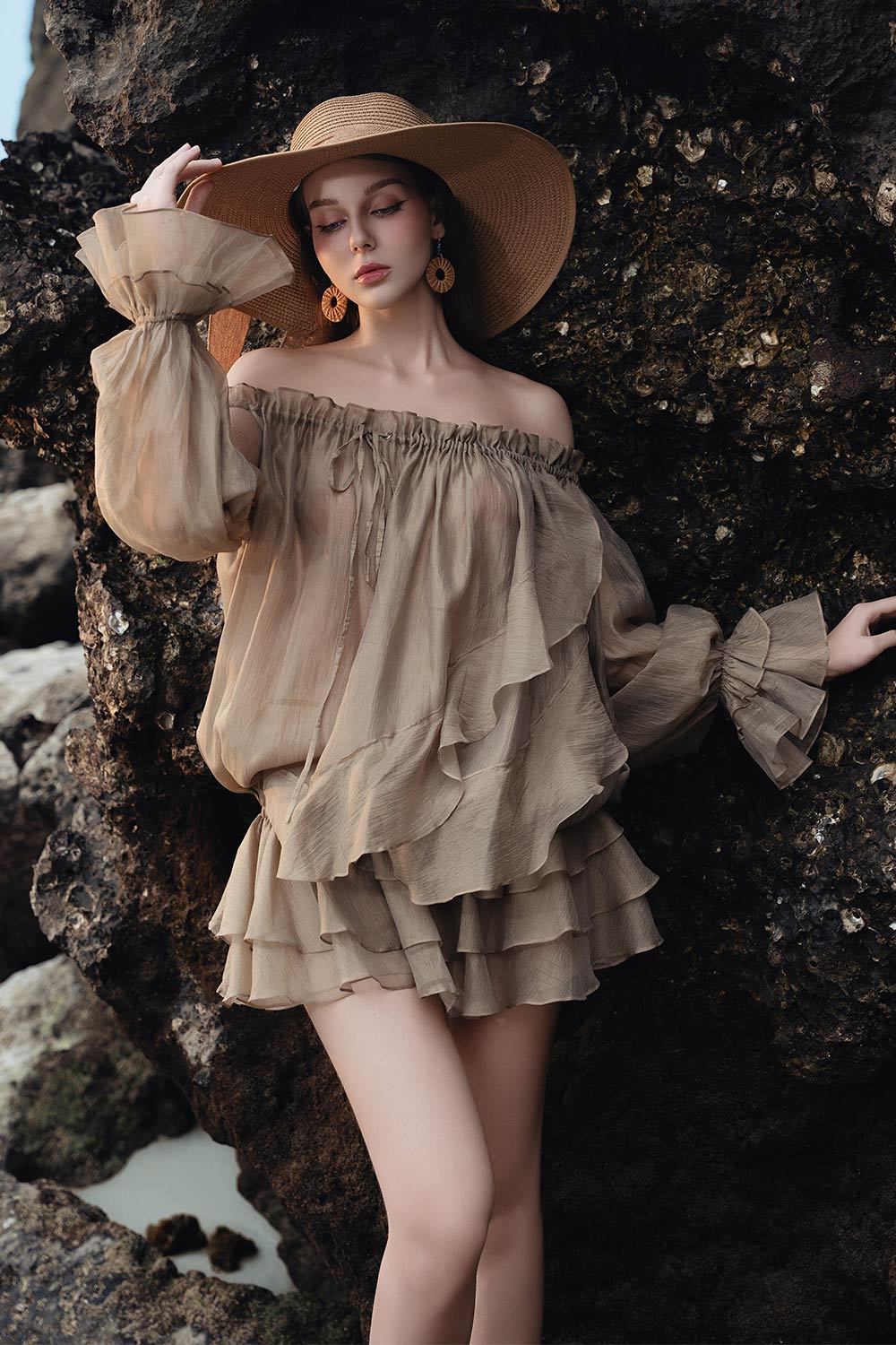 mila ruffle mini dress Women's Mila Blouson Ruffled Silk Organza Mini Dress S/M/L/Customize Brown Grey MEAN BLVD Brown Grey / S