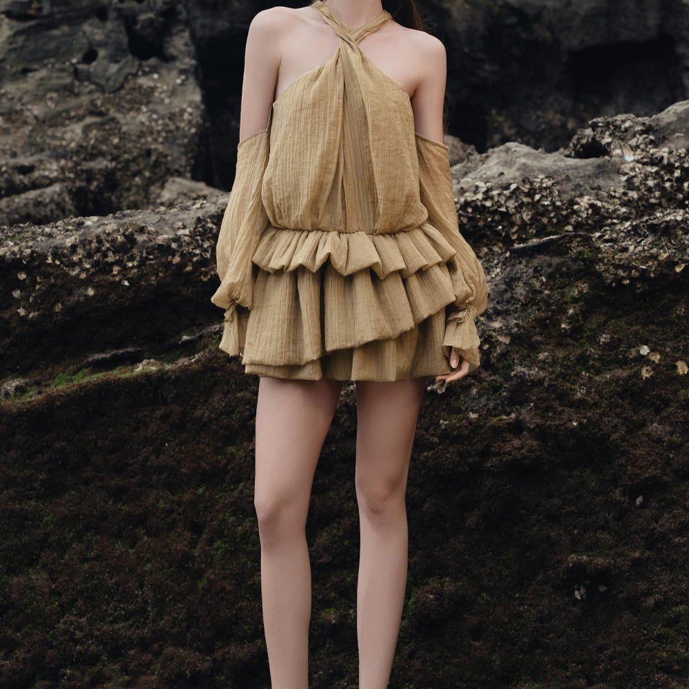 Eira Layered Cold Shoulder Sleeved Mesh Silk Mini Dress