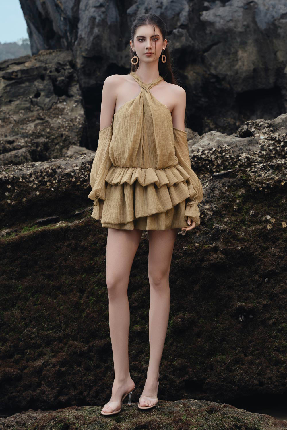 Eira Layered Cold Shoulder Sleeved Mesh Silk Mini Dress