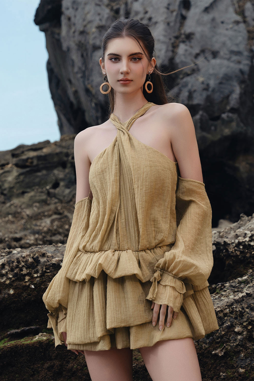 Eira Layered Cold Shoulder Sleeved Mesh Silk Mini Dress