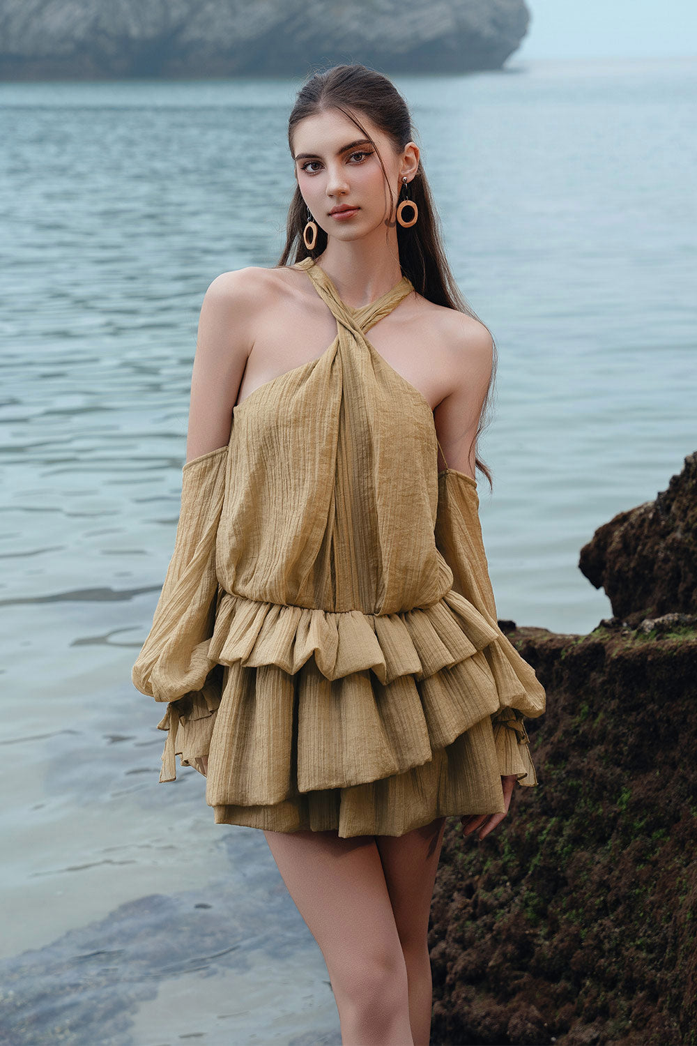 Eira Layered Cold Shoulder Sleeved Mesh Silk Mini Dress