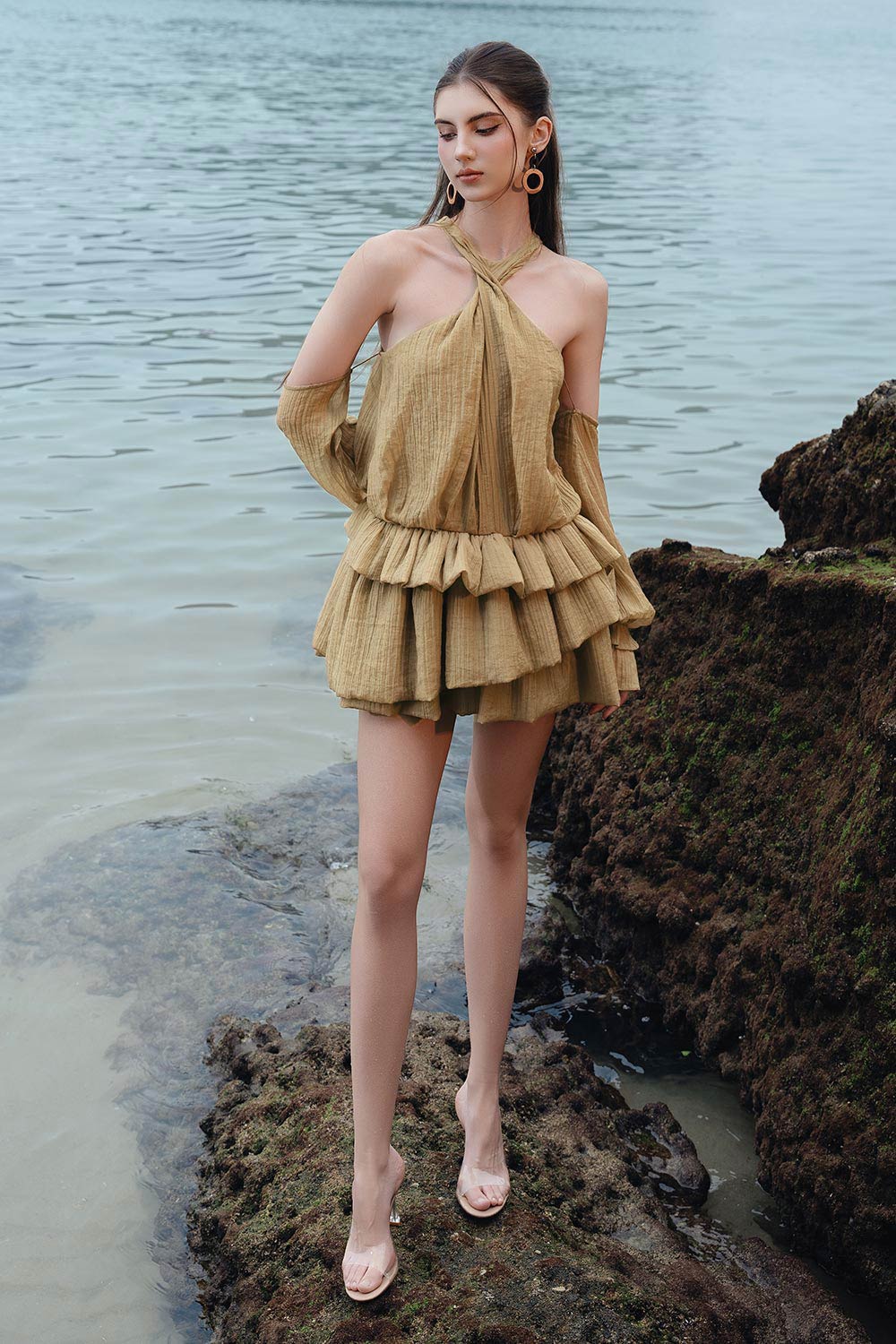 Eira Layered Cold Shoulder Sleeved Mesh Silk Mini Dress