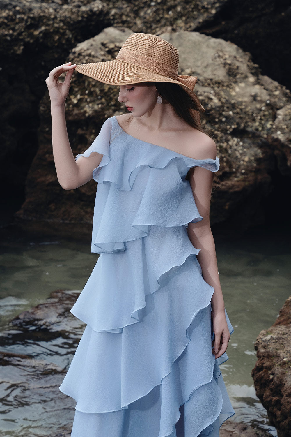 Women's Joana Layered Off-Shoulder Organza Maxi Dress S/M/L/Customize Aquamarine Blue MEAN BLVD Aquamarine Blue / M