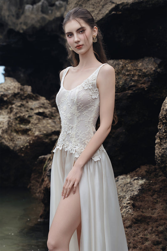 Vesper Fit and Flare Side Slit Chiffon Ankle Length Dress