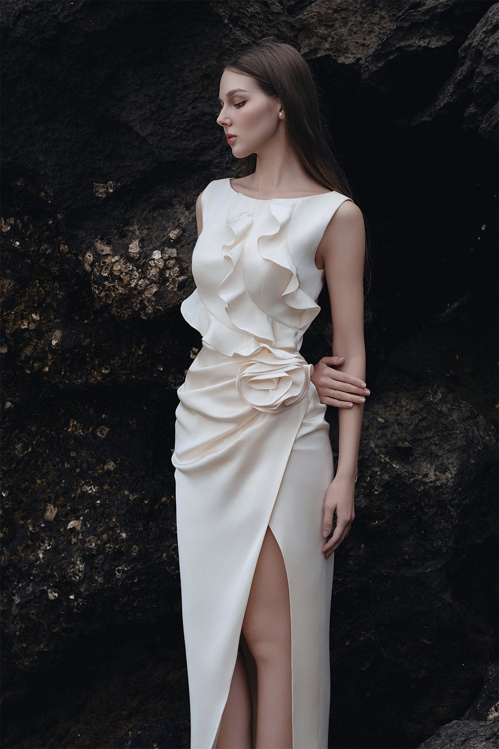Women's Aine Wrap Bateau Neck Silk Ankle Length Dress S/M/L/Customize Cream MEAN BLVD, Cream / S
