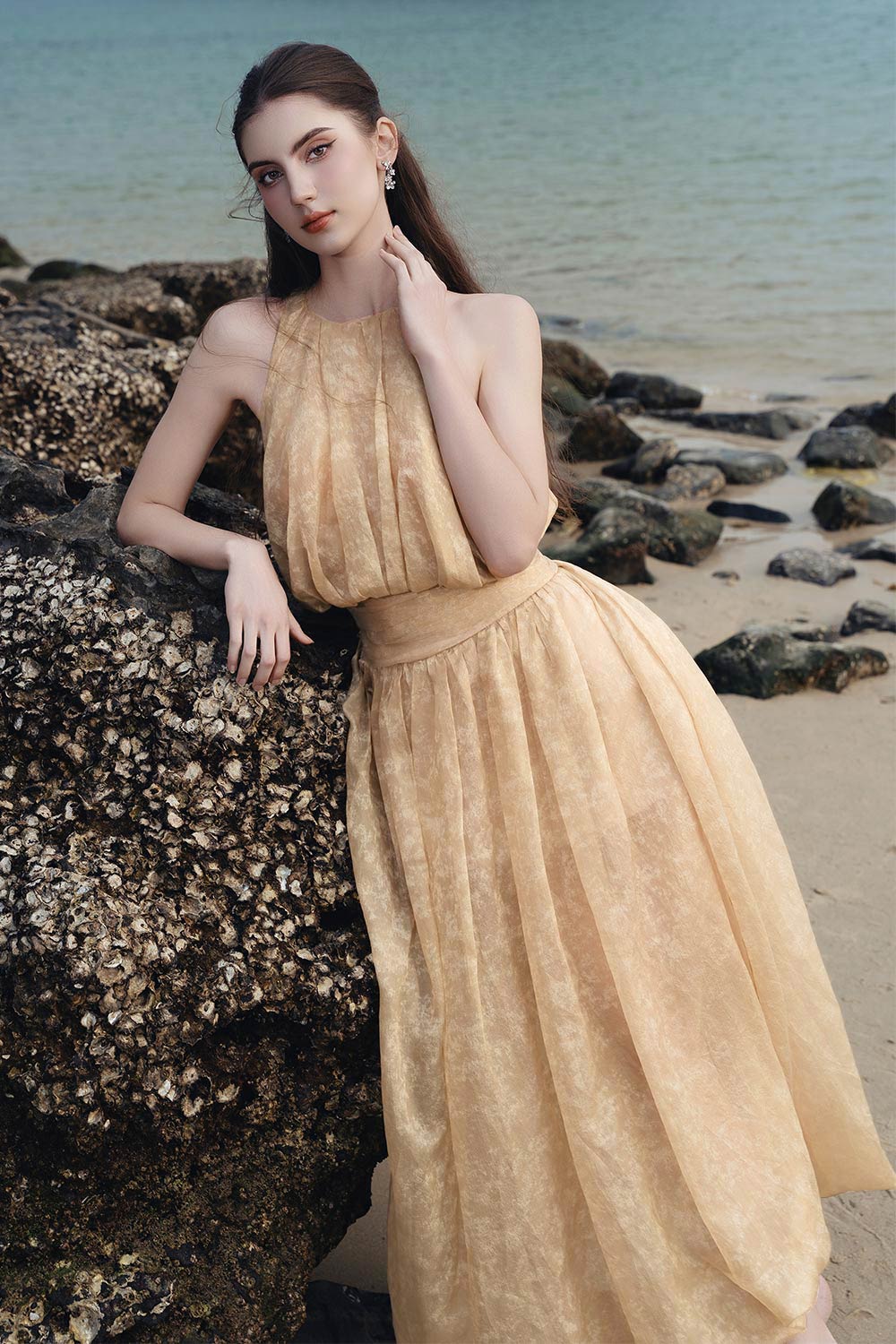 Timothy Blouson Halter Neck Silk Organza Midi Dress