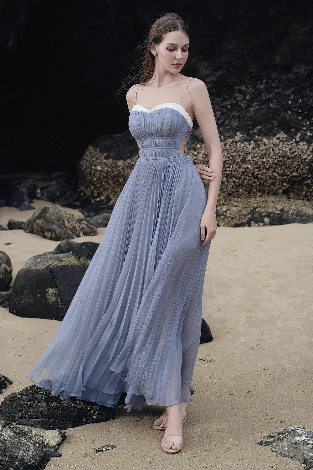 Women's Finna Fit and Flare Pleated Silk Organza Maxi Dress S/M/L/Customize Blue Grey Mean Blvd Blue Grey / M Women's Finna Fit and Flare Pleated Silk Organza Maxi Dress S/M/L/Customize Blue Grey Mean Blvd Blue Grey / M