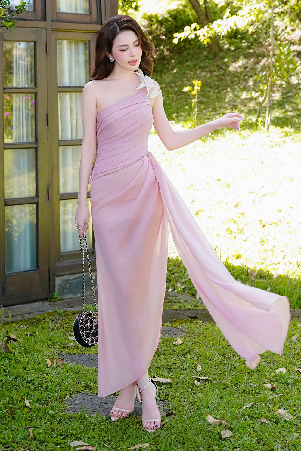 Vespera Slit One Shoulder Silk Calf Length Dress