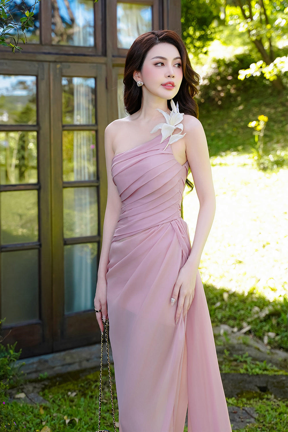 Vespera Slit One Shoulder Silk Calf Length Dress