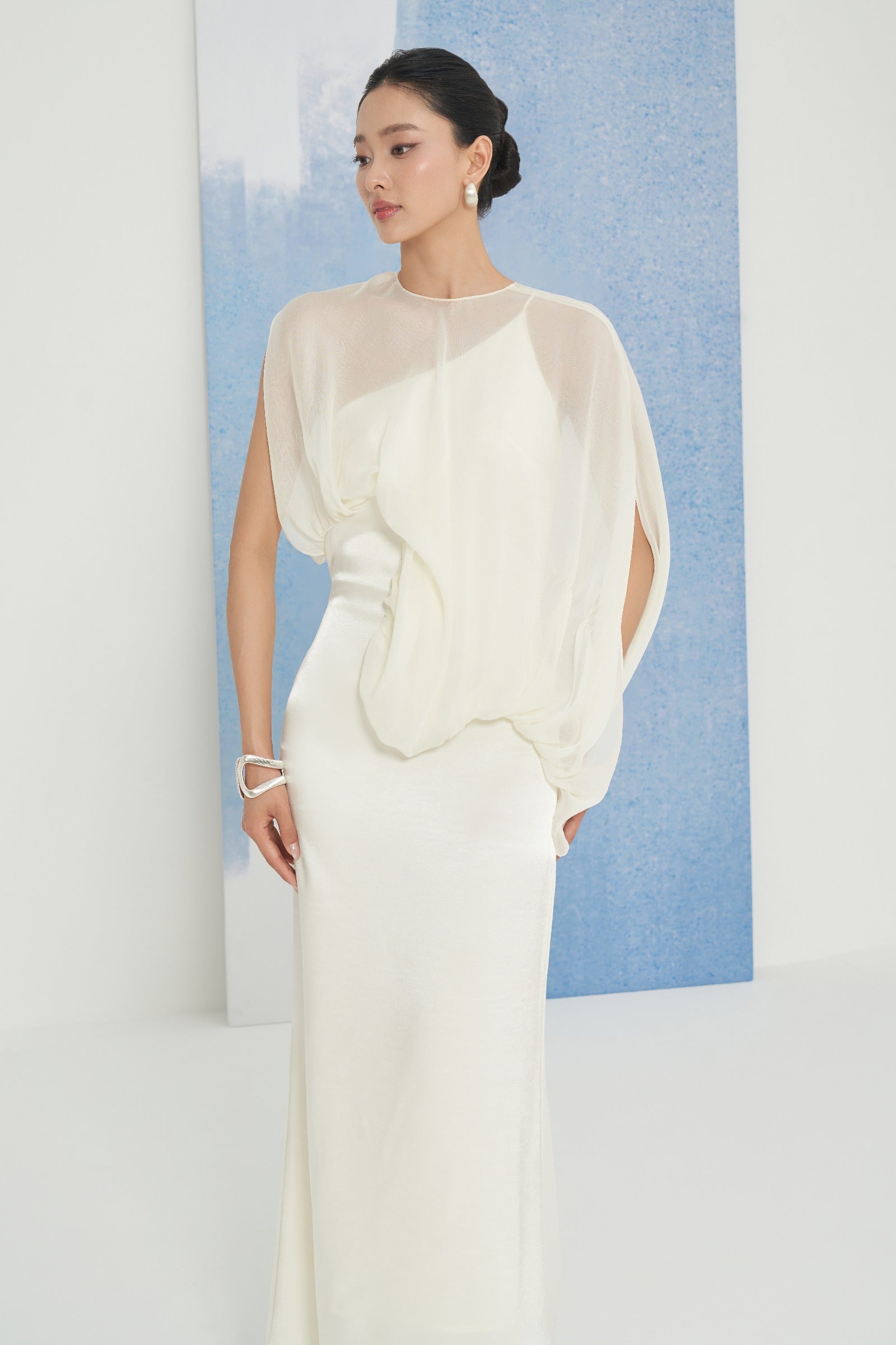 Hebe Asymmetric Sleeve Maxi Dress