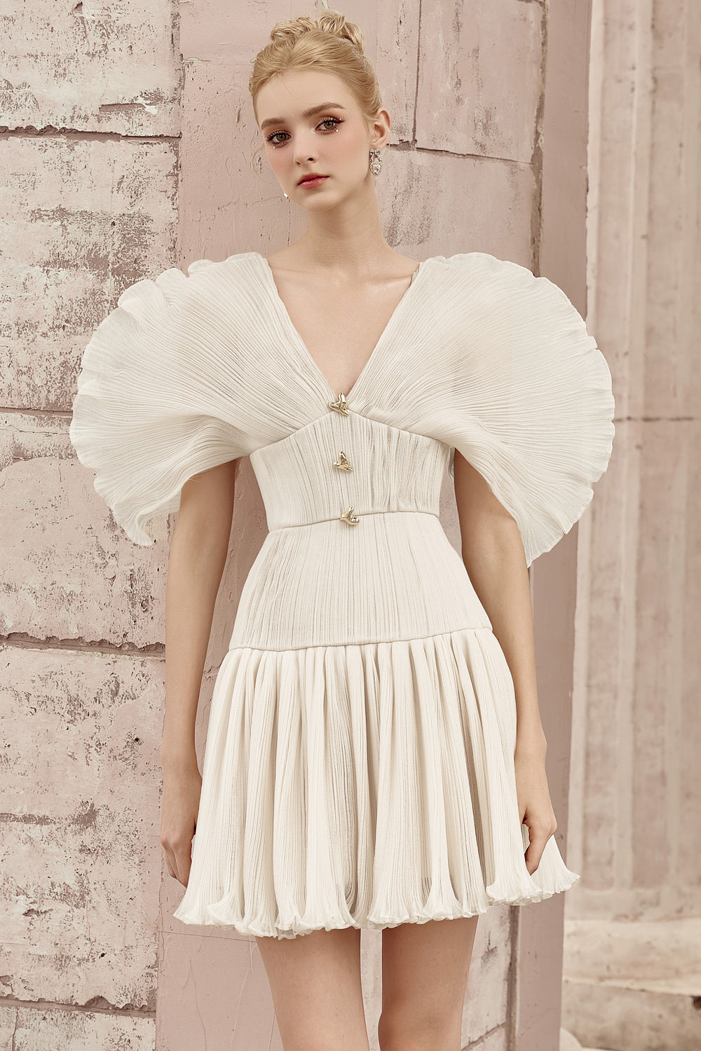 Aurora Drop Waist V-Neck Chiffon Mini Dress - Ivory White / L Aurora Drop Waist V-Neck Chiffon Mini Dress - Ivory White / L