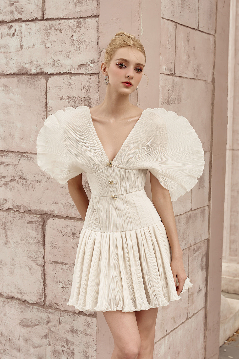 drop waist v neck dress Long sleeve satin wedding dress V-neck vintage inspired wedding dress A-line drop waist wedding dress Minimalist bishop sleeve dress ELLERY