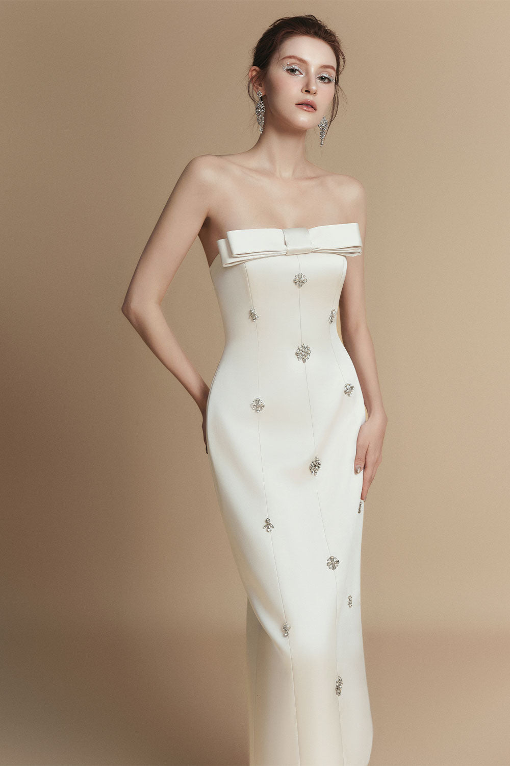 Women's Serena Sheath Straight Across Neck Taffeta Midi Dress XS/S/M/L/XL/Customize Cream White MEAN BLVD Cream White / S