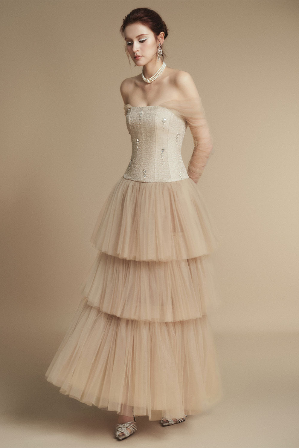 Helen Layered Off-Shoulder Linen Rayon Ankle Length Dress