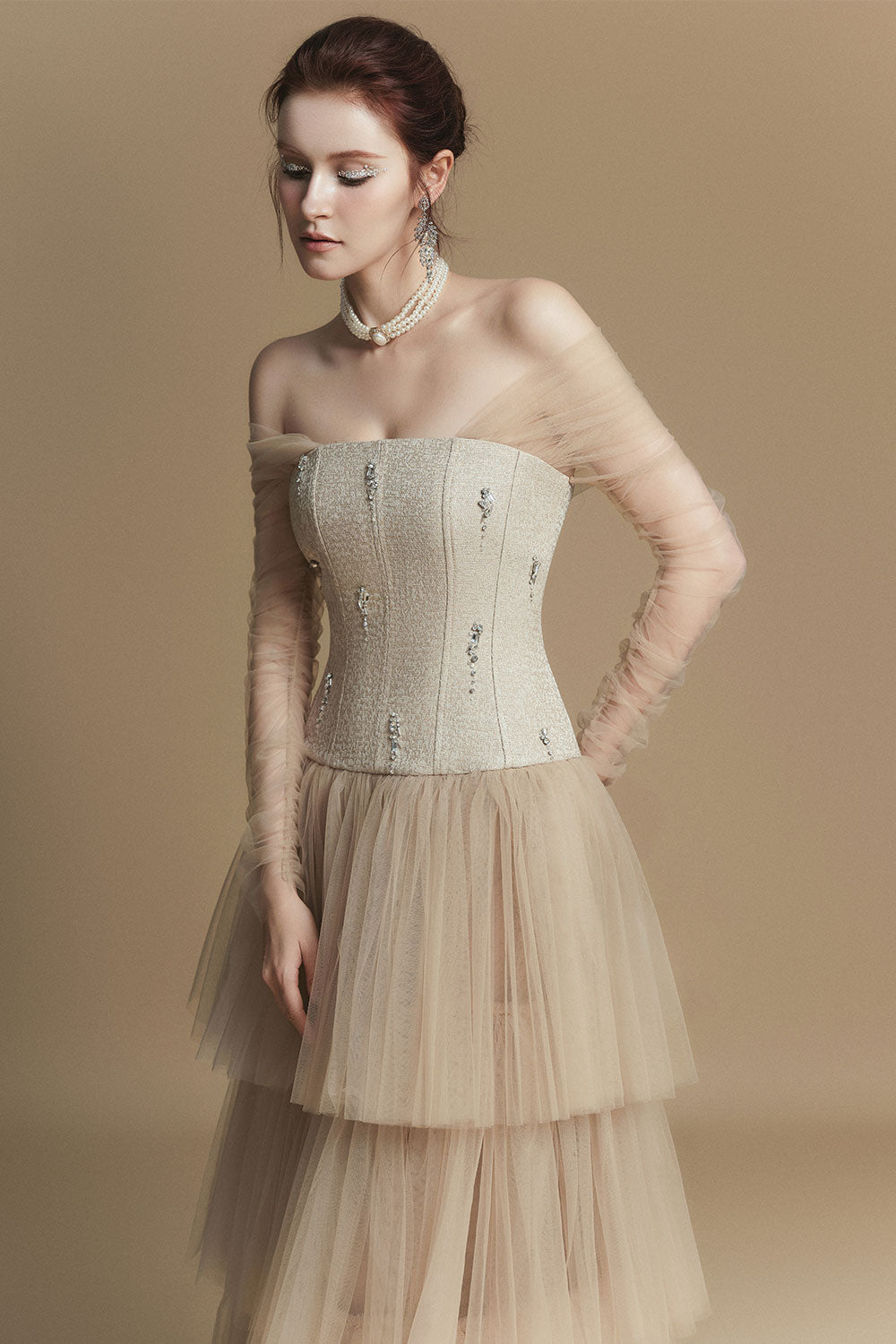 Helen Layered Off-Shoulder Linen Rayon Ankle Length Dress