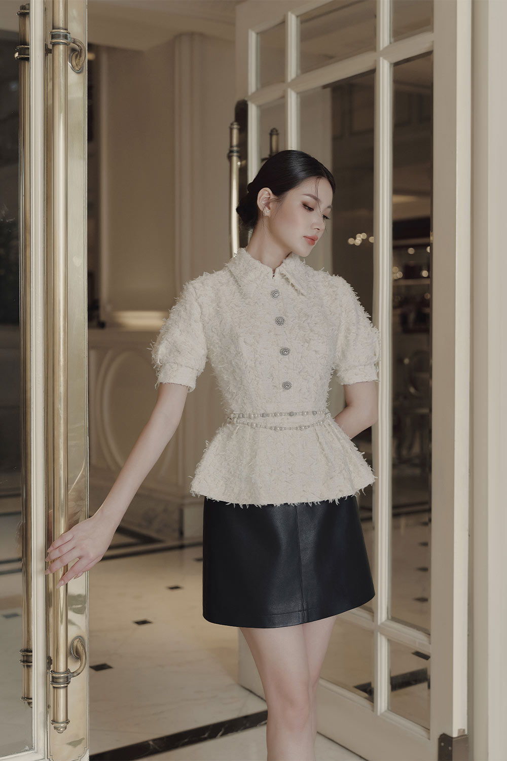 Amber Peplum Folded Collar Tweed Top