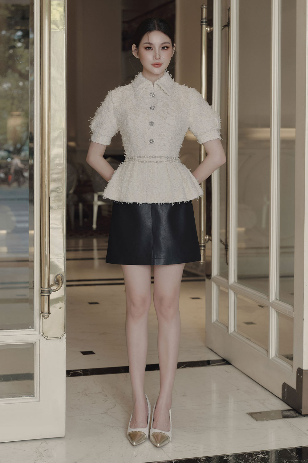 Amber Peplum Folded Collar Tweed Top