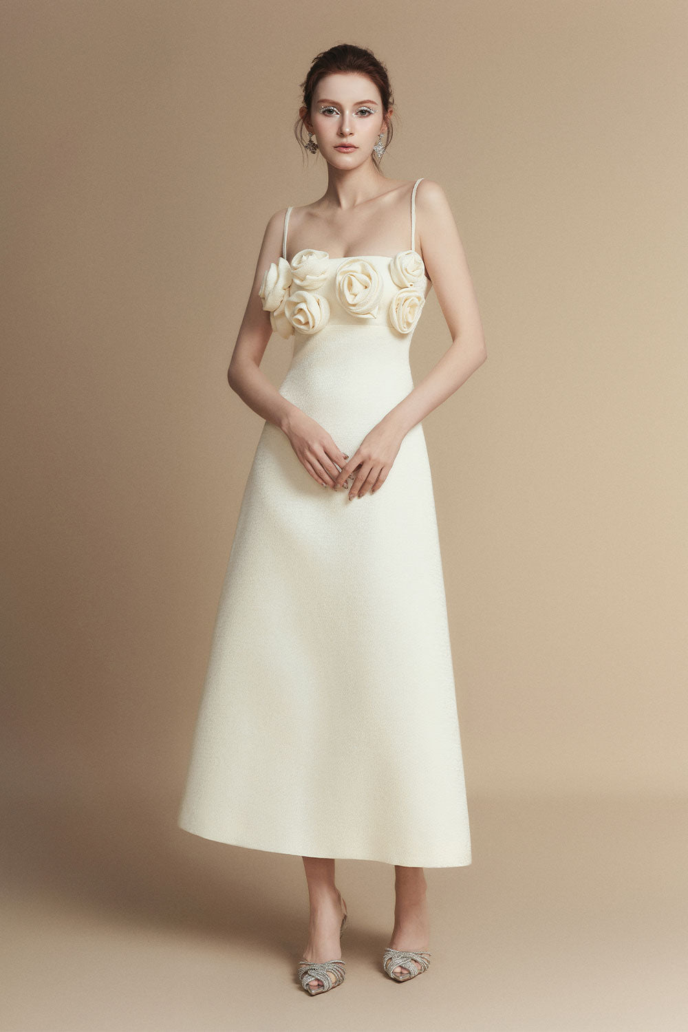 Rosabella A-line Flower Applique Linen Rayon Midi Dress