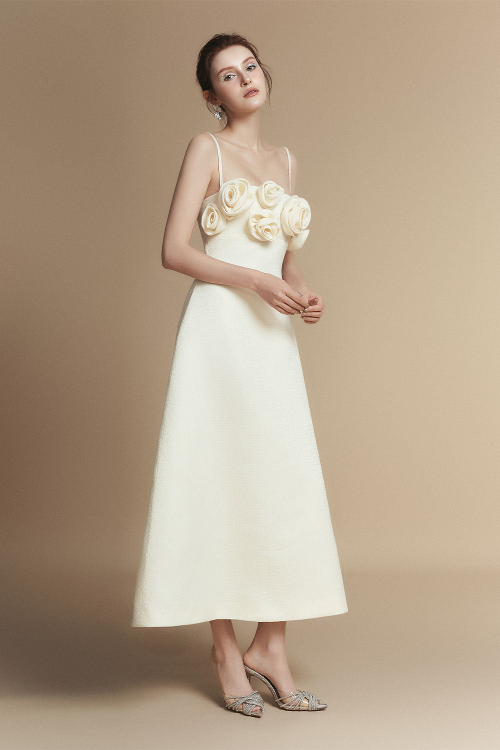 Rosabella A-line Flower Applique Linen Rayon Midi Dress