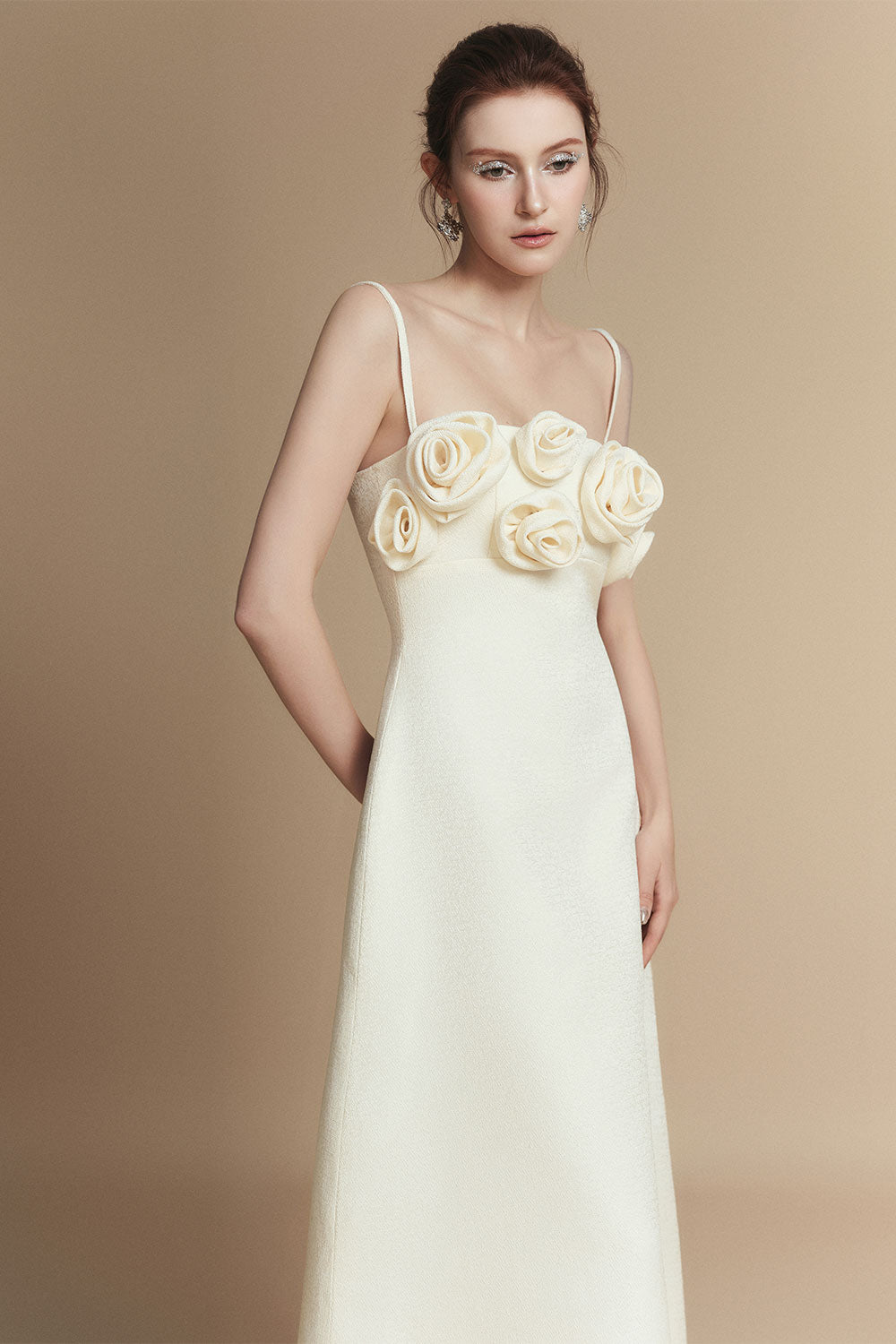 Rosabella A-line Flower Applique Linen Rayon Midi Dress