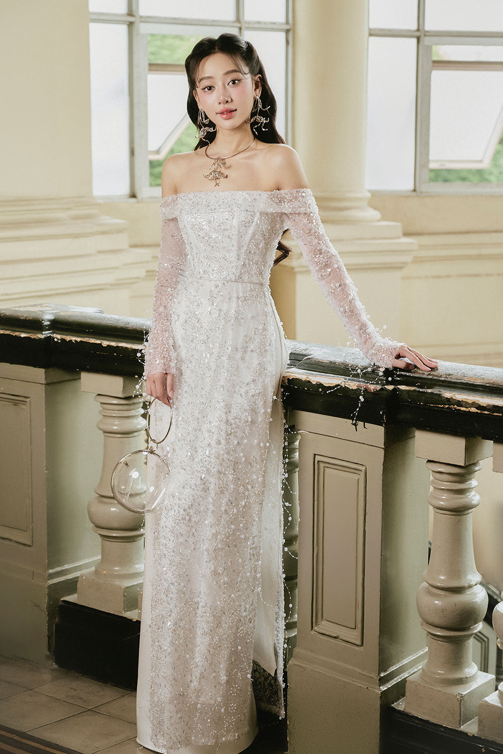 Minh Chau Sheath Bead Silk Lace Floor Length Ao Dai Set