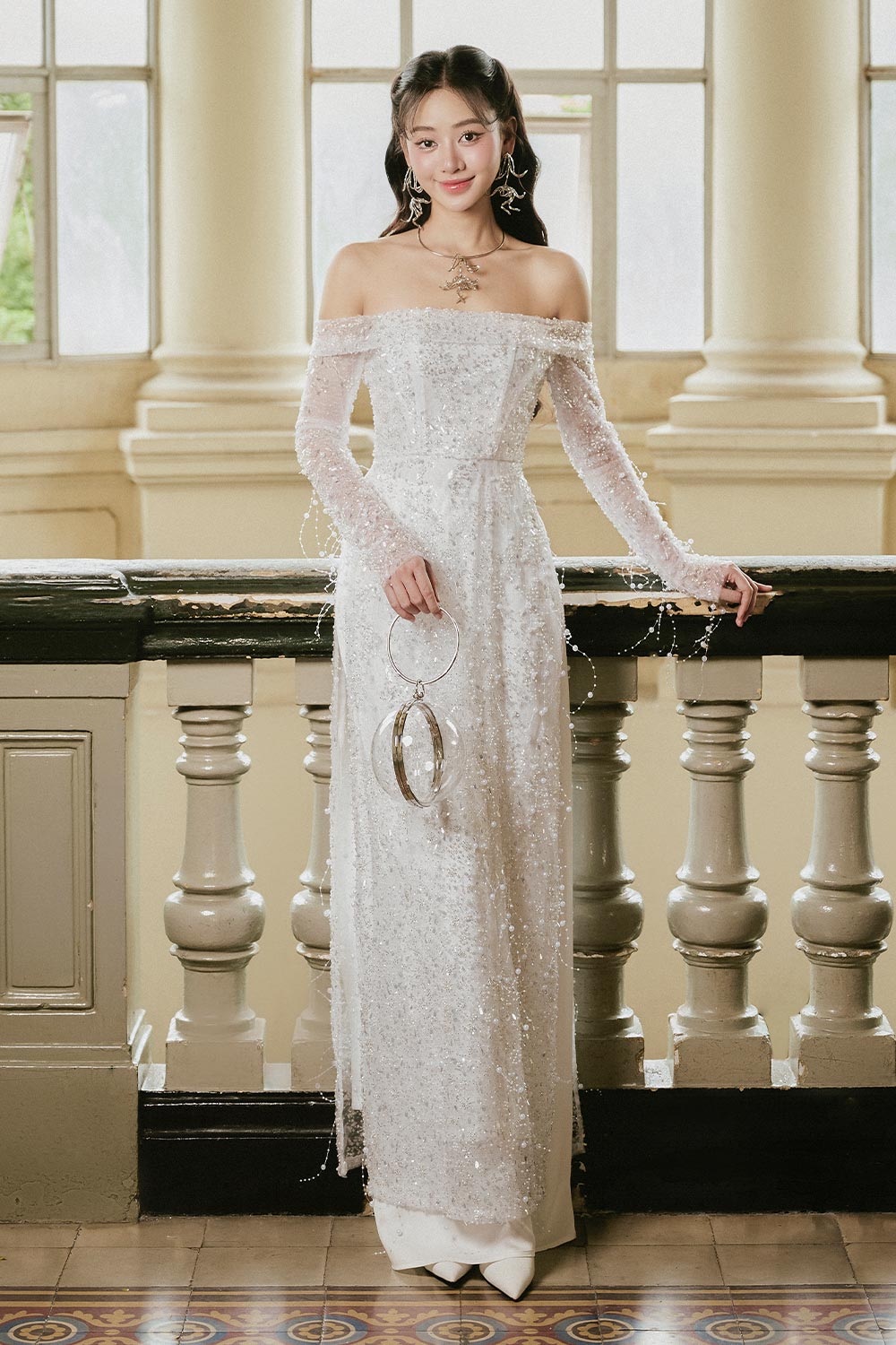 Minh Chau Sheath Bead Silk Lace Floor Length Ao Dai Set