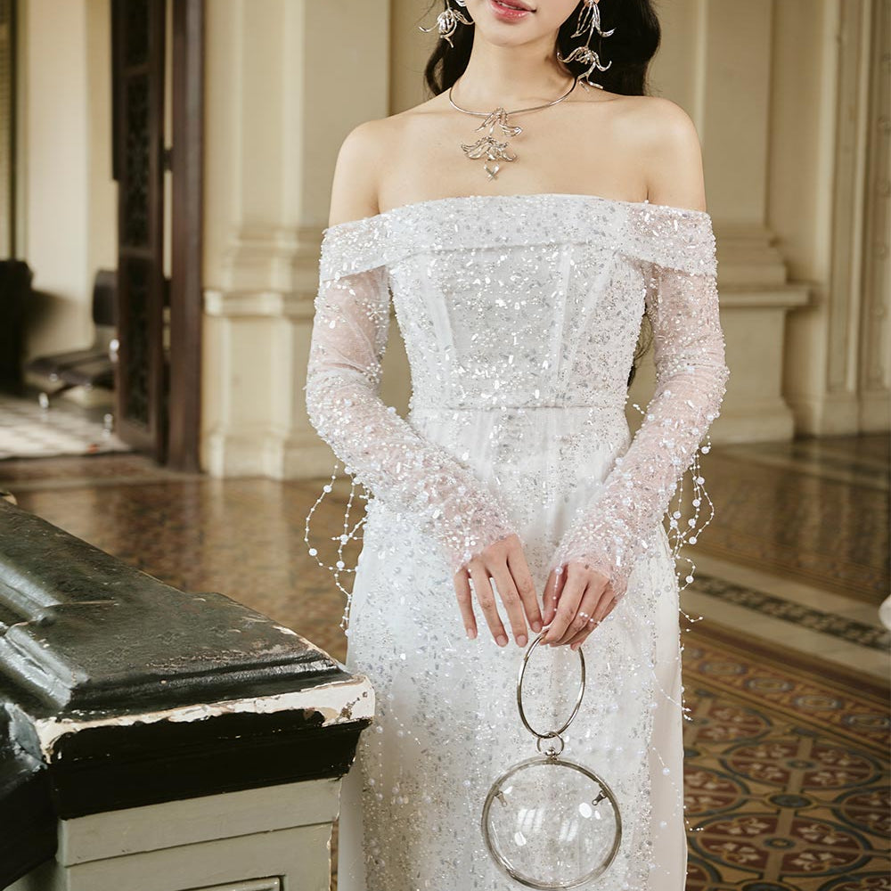 Minh Chau Sheath Off-Shoulder Lace Midi Ao Dai