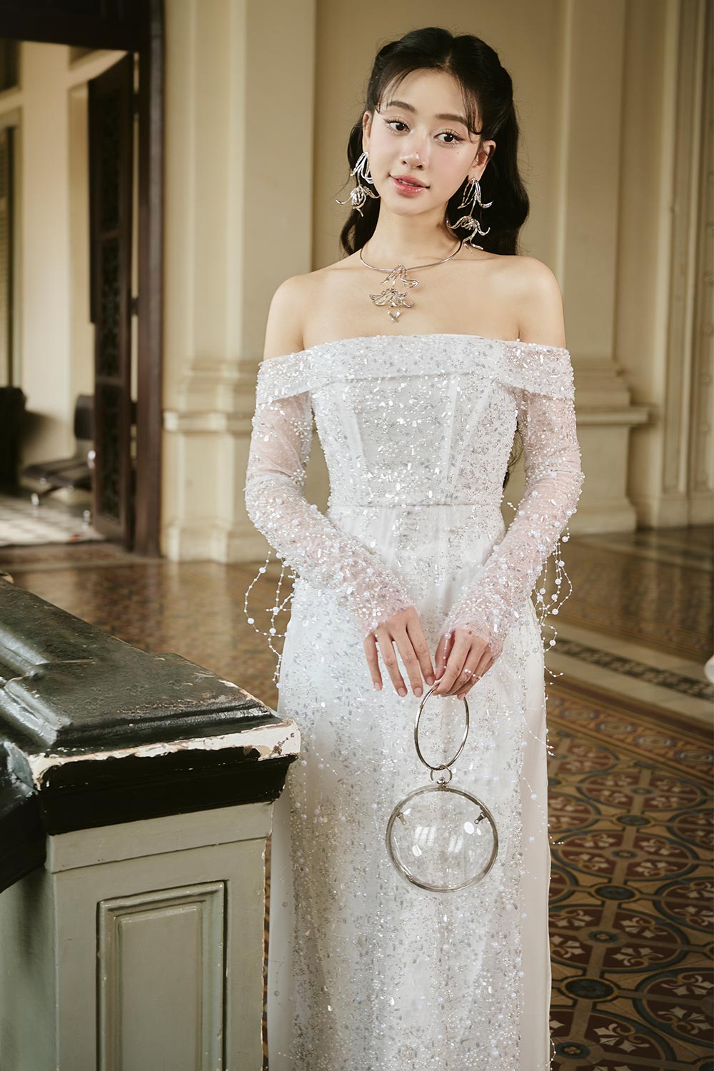 Minh Chau Sheath Bead Silk Lace Floor Length Ao Dai Set