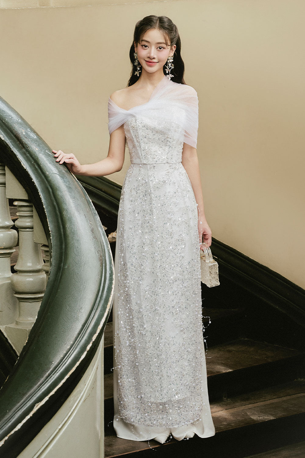 Thien Kim Sheath Sequin Silk Lace Floor Length Ao Dai Set