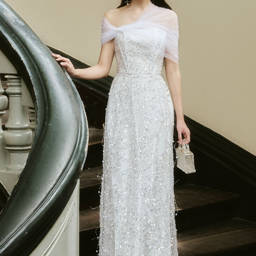 Thien Kim Sheath Asymmetric Shoulder Lace Midi Ao Dai