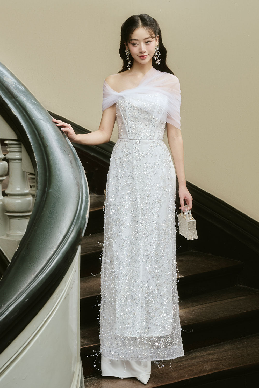 Thien Kim Sheath Asymmetric Shoulder Lace Midi Ao Dai