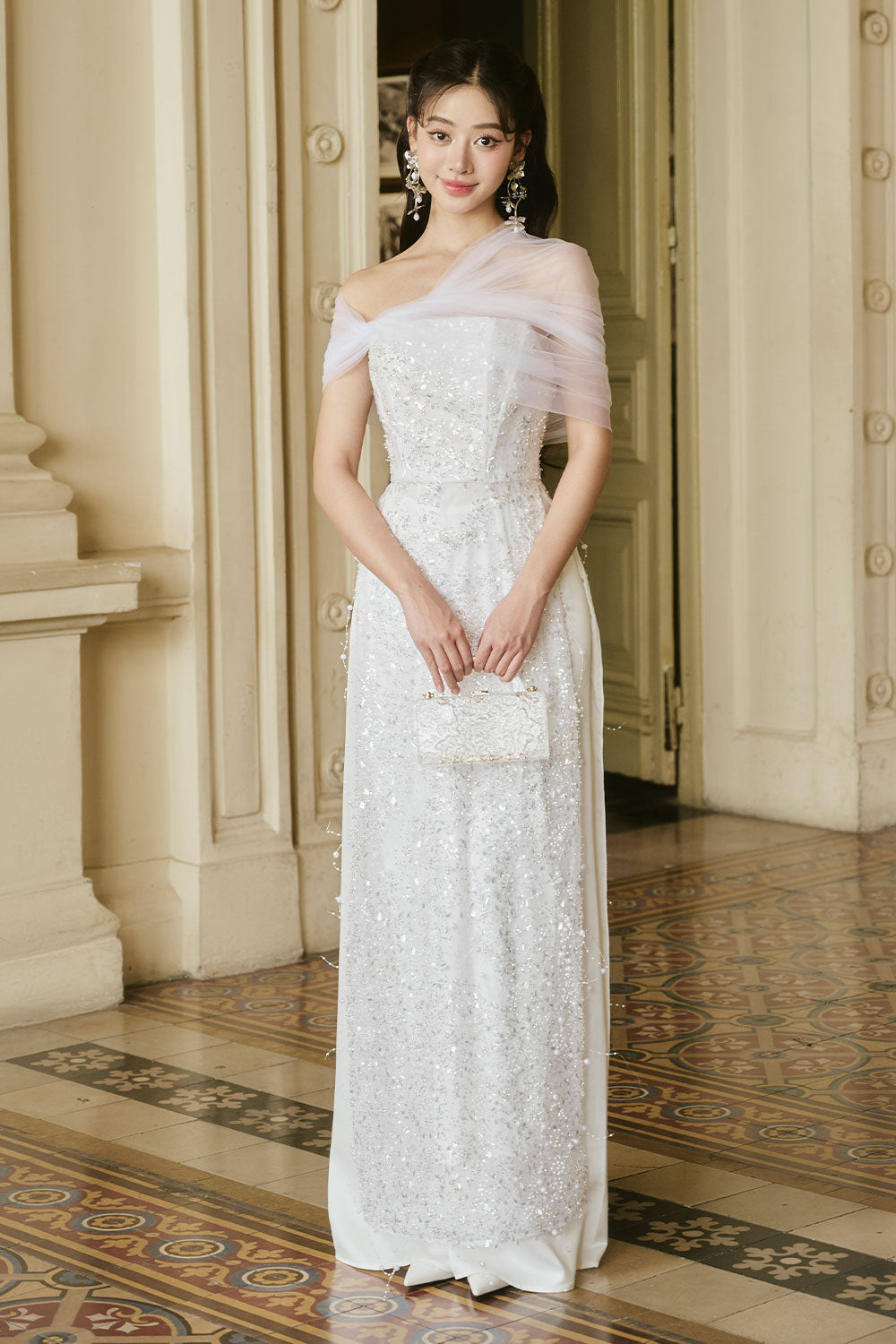 Thien Kim Sheath Asymmetric Shoulder Lace Midi Ao Dai