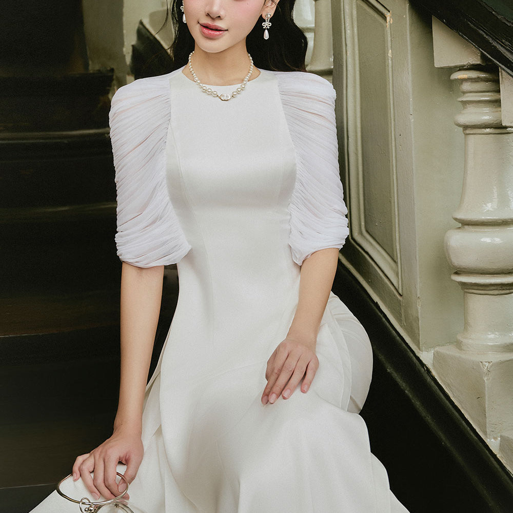 Uyen Nhi 2 A-line Puffy Sleeved Silk Satin Midi Ao Dai