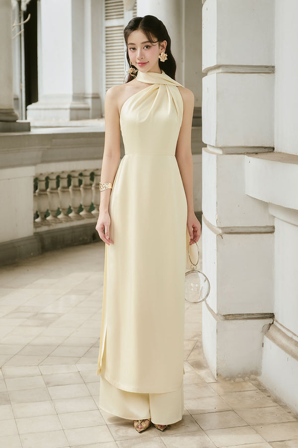 Tue Nhi A-line Scarf Neck Silk Satin Midi Ao Dai