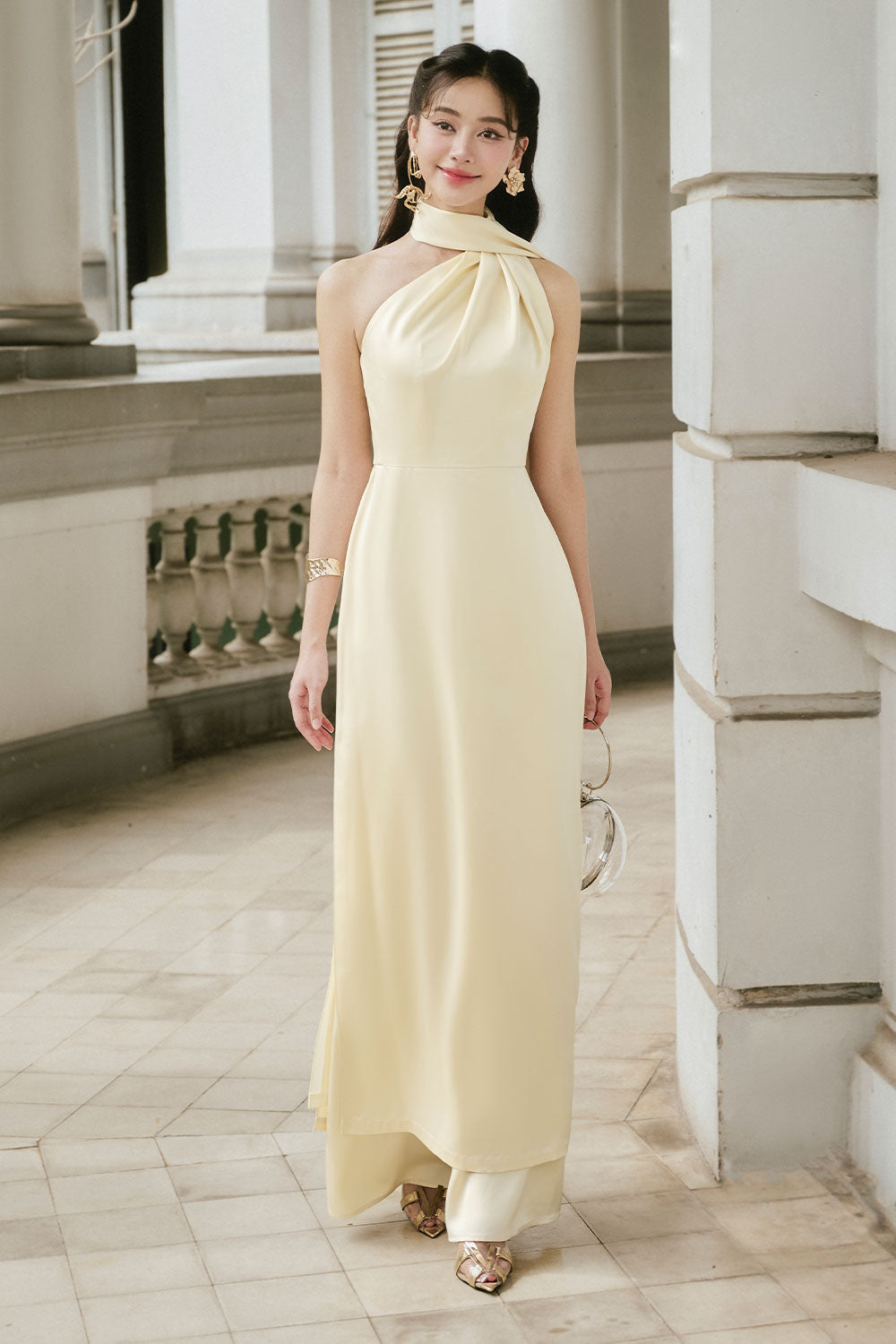 Women's Tue Nhi A-line Scarf Neck Silk Satin Midi Ao Dai S/M/L/Customize Light Yellow MEAN BLVD Women's Tue Nhi A-line Scarf Neck Silk Satin Midi Ao Dai S/M/L/Customize Light Yellow MEAN BLVD