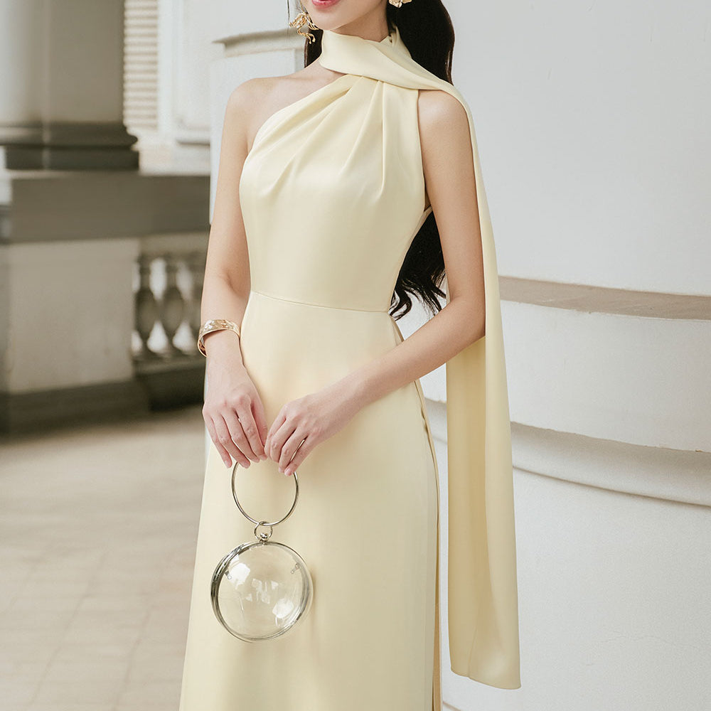 Tue Nhi A-line Scarf Neck Silk Satin Midi Ao Dai