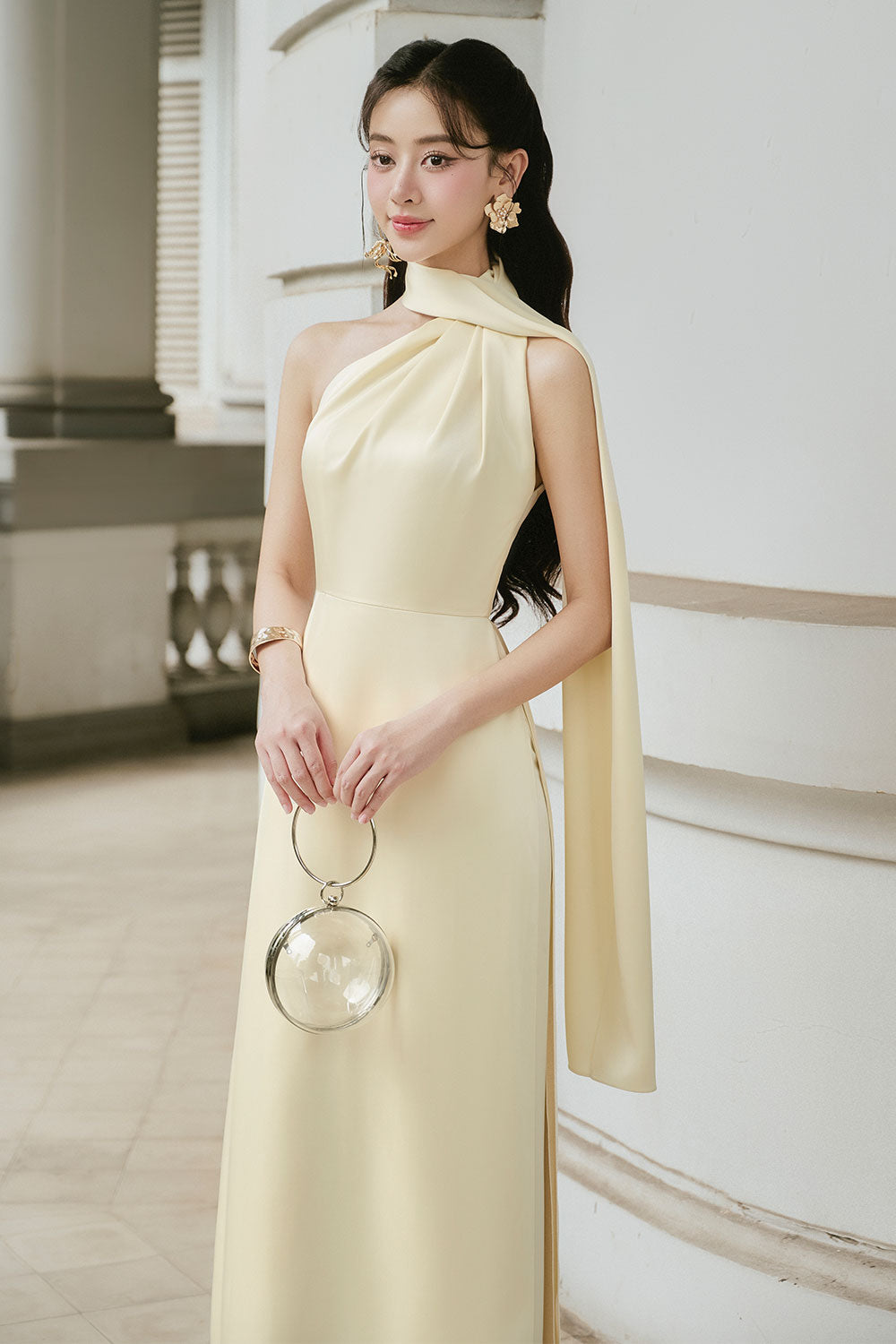 Tue Nhi A-line Scarf Neck Silk Satin Midi Ao Dai