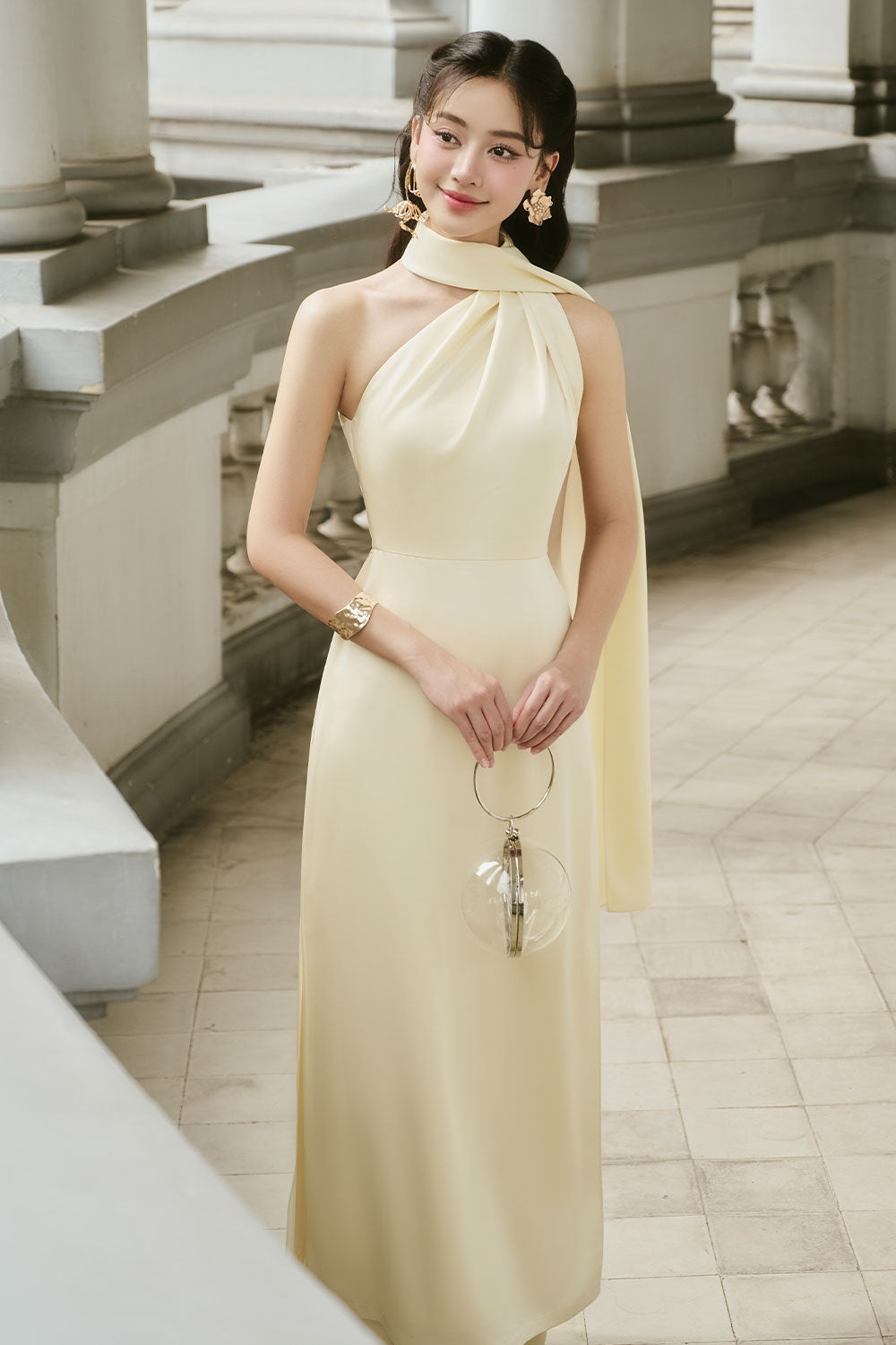 Tue Nhi A-line Sleeveless Silk Satin Floor Length Ao Dai Set