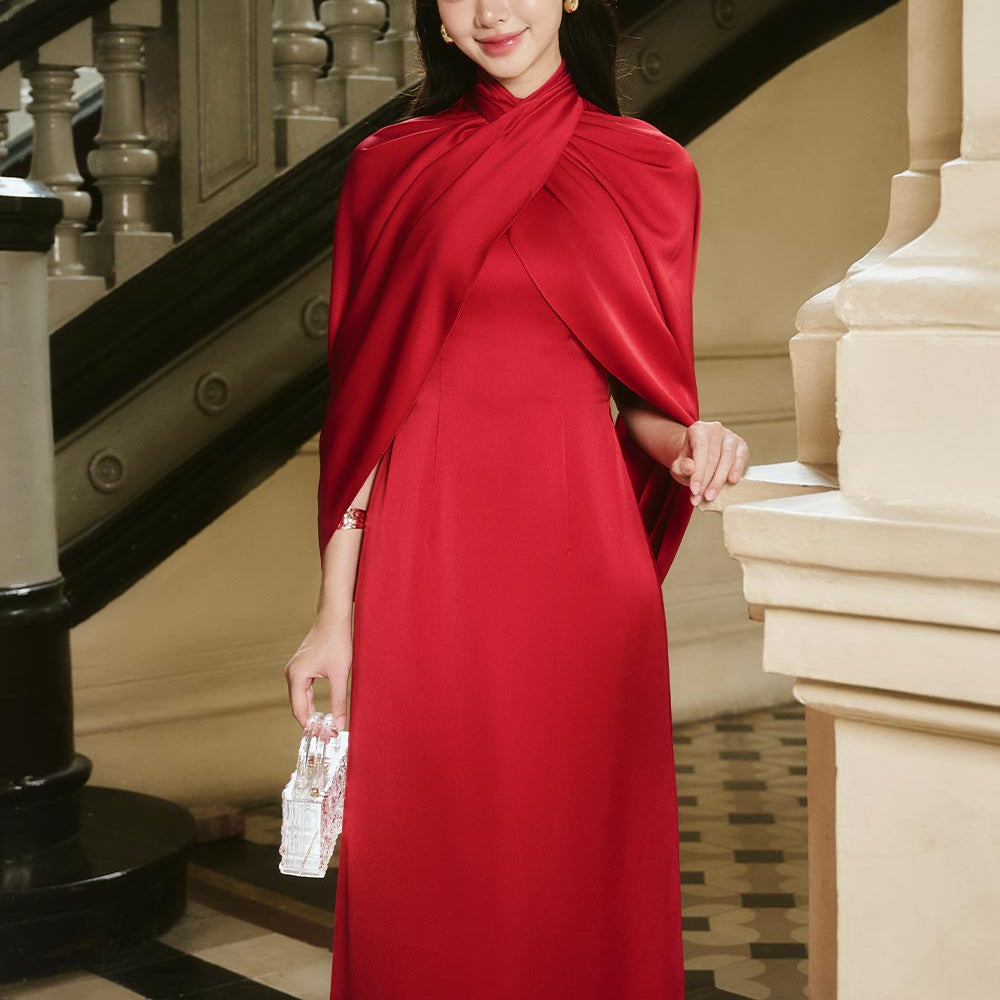 Khue Cat A-line Crossover Neck Silk Satin Midi Ao Dai