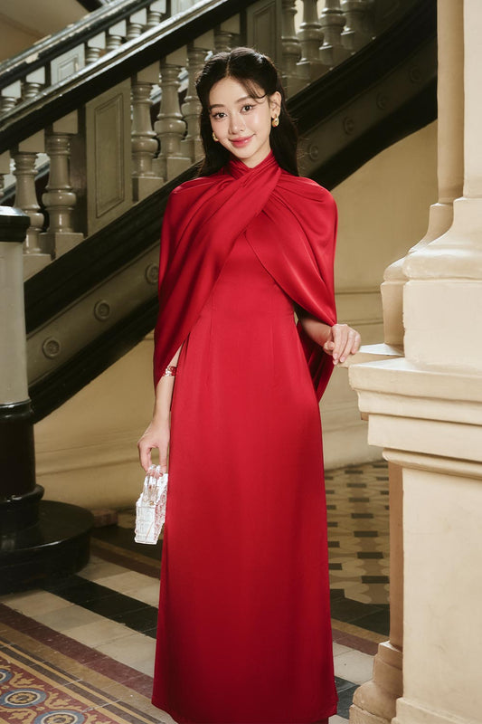 Khue Cat A-line Cape Sleeved Silk Satin Floor Length Ao Dai Set