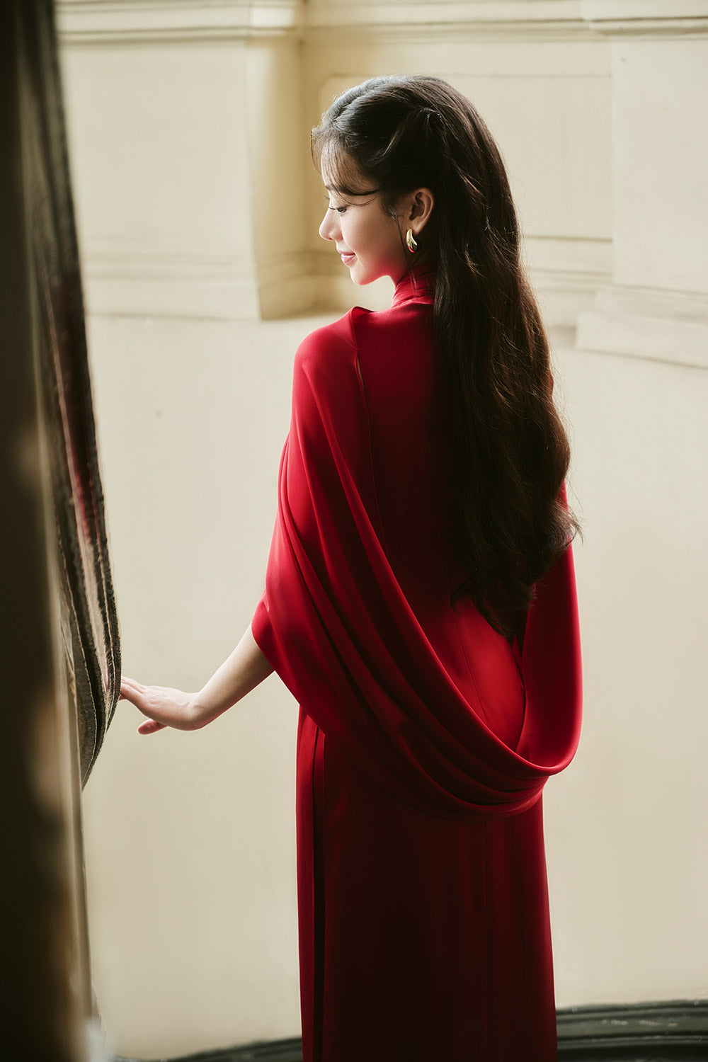 Khue Cat A-line Crossover Neck Silk Satin Midi Ao Dai