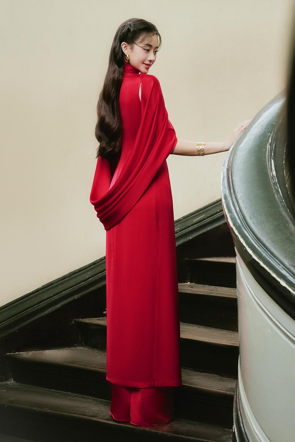 Khue Cat A-line Crossover Neck Silk Satin Midi Ao Dai