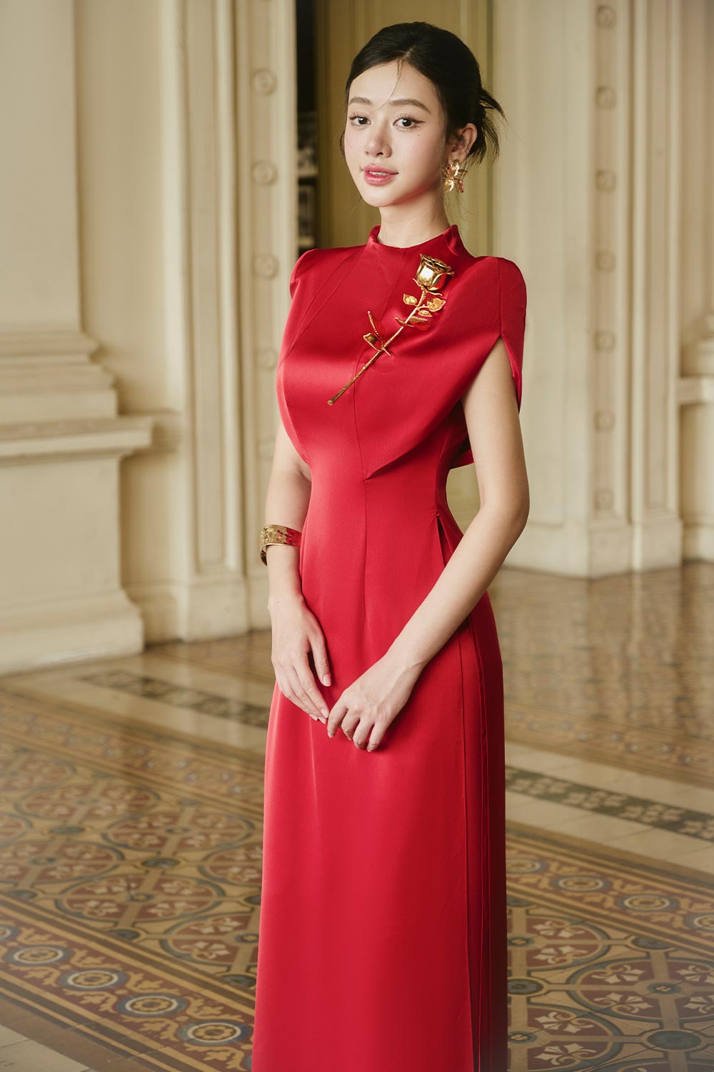 Women's GIA Linh Sheath Mock Neck Silk Satin AO Dai S/M/L/Customize Red Mean Blvd Red / L Women's GIA Linh Sheath Mock Neck Silk Satin AO Dai S/M/L/Customize Red Mean Blvd Red / L