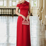 Tue Man Sheath Asymmetric Sleeved Silk Satin Floor Length Ao Dai Set