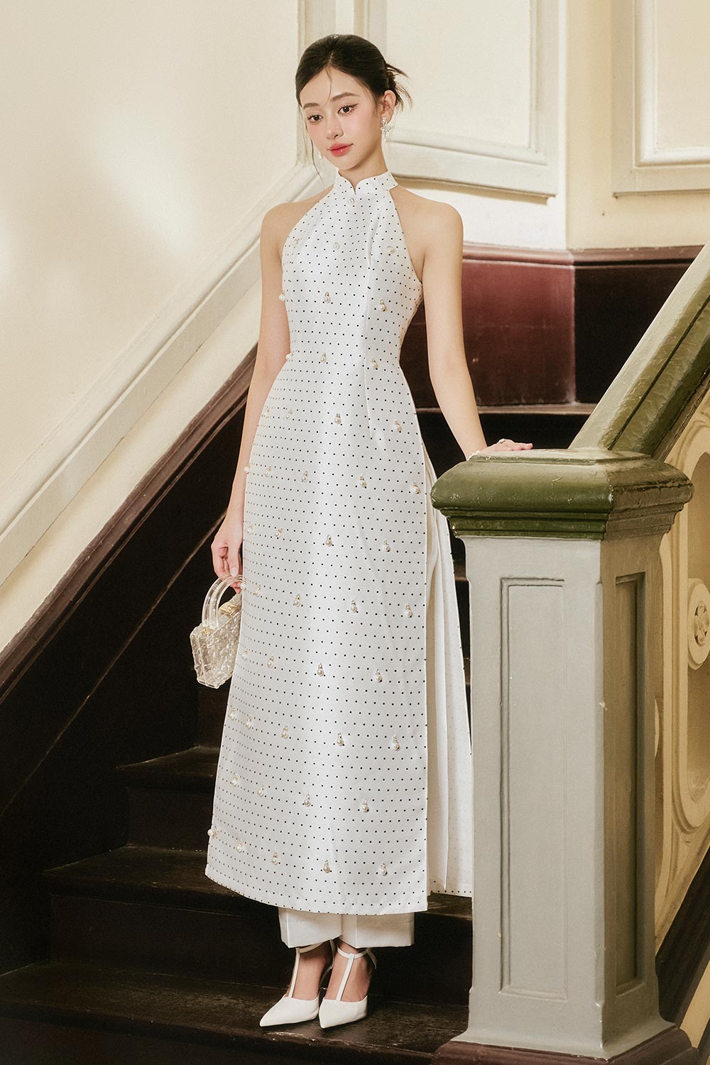 Uyen Nhi 1 A-line Side Slit Taffeta Silk Ankle Length Ao Dai Set